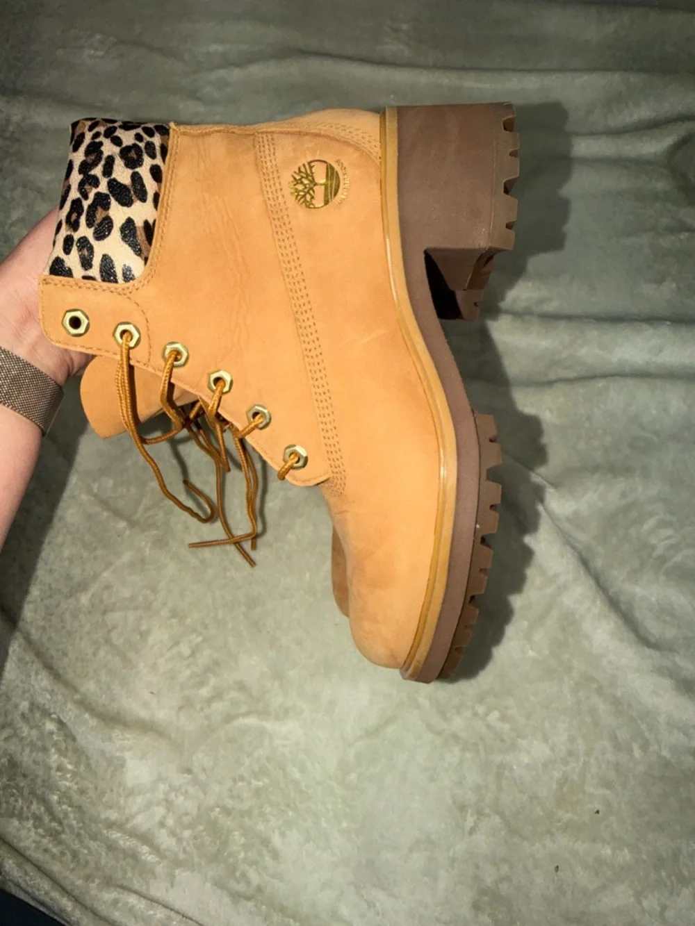 Timberland Wheat Nubuck Lace-Up Ankle Boot with Leopard Accent - Picture 9 of 11